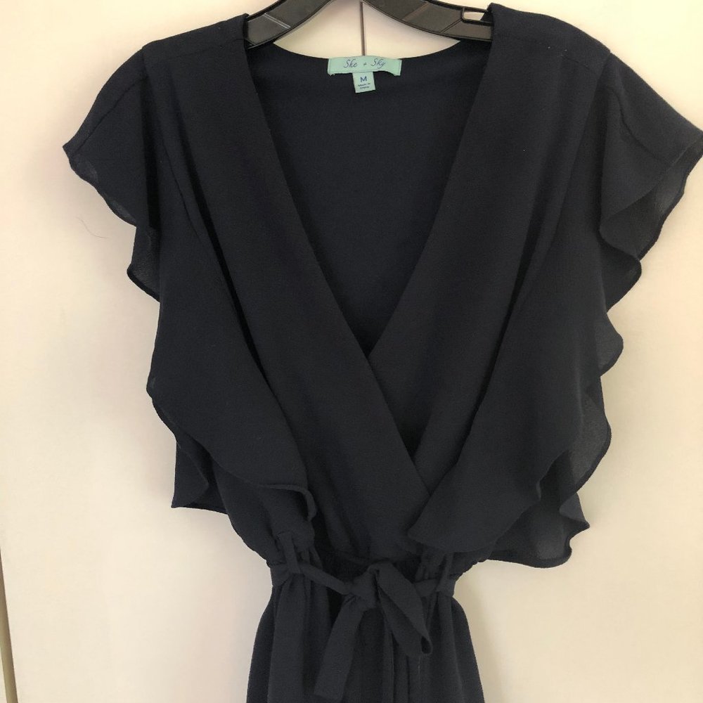 She + Sky Fluttery Ruffle Sleeves Navy Blue Deep V Shorts Romper Sz M